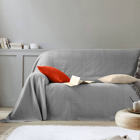 Plaid of sprei, effen katoen met artisanaal weefsel (parelgrijs)