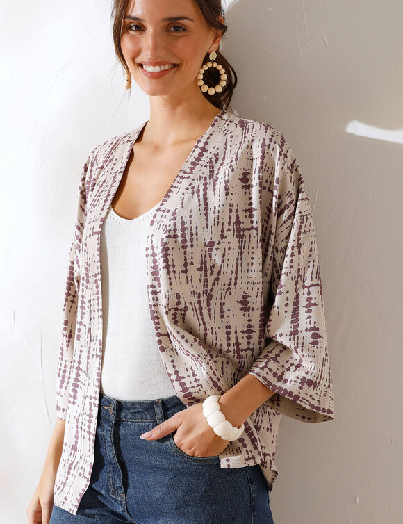 Veste kimono fluide, imprimé tie dye (écru / violet)