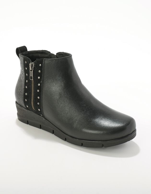 Boots met sleehak en rits, leer en splitleer (zwart)