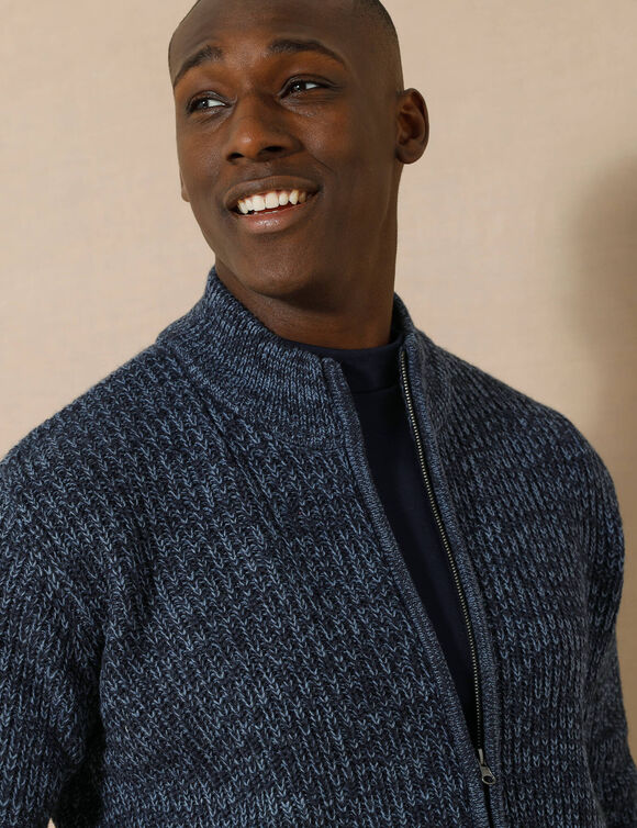 Gilet zippé côte anglaise 30% laine (bleu mouliné)