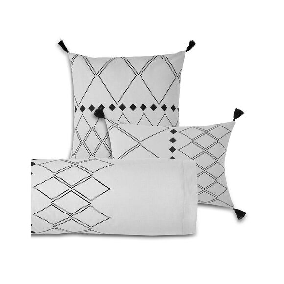 Linge de lit Massaï coton à motifs graphiques et finitions pompons (gris)