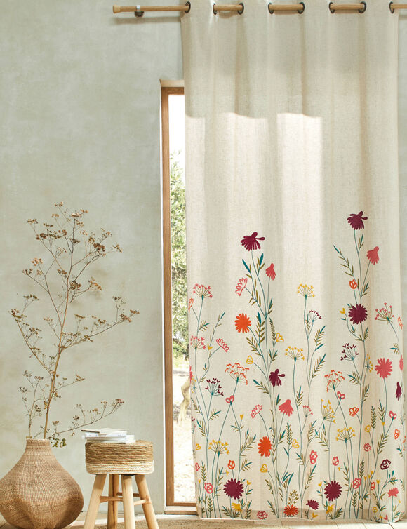 Rideau coton lin base fleurie (vert / orange)