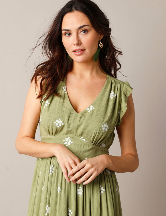 Robe longue imprimée, crépon (kaki / écru)