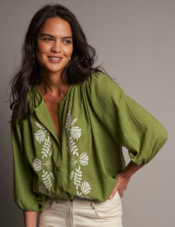 Chemisier brod&eacute;, manches 3/4  (kaki / &eacute;cru)