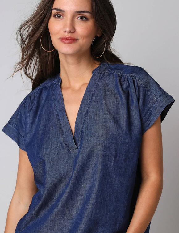 Blouse col V manches courtes denim l&eacute;ger (stone)