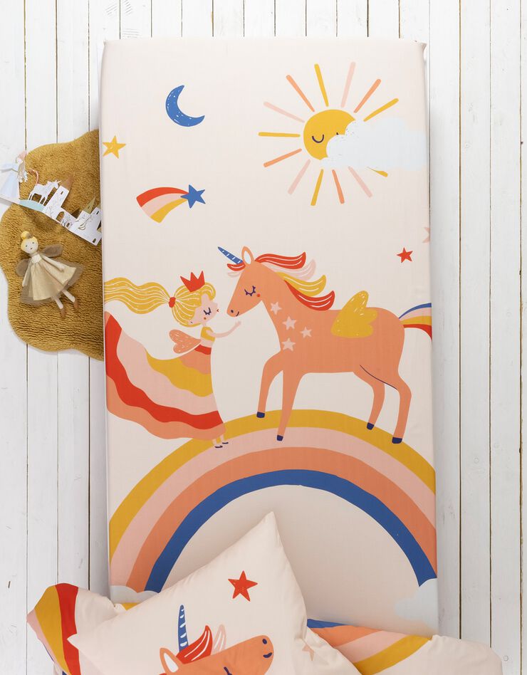 Linge de lit enfant coton - imprimé Princesse et Licorne (rose)