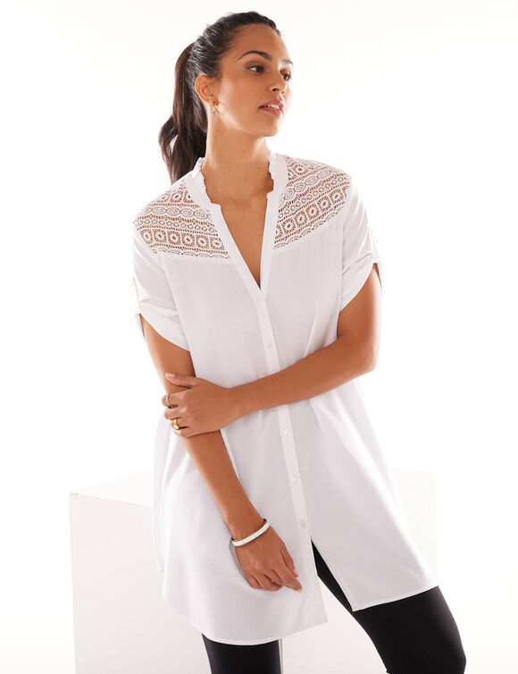 Tunique boutonnée macramé unie  (blanc)