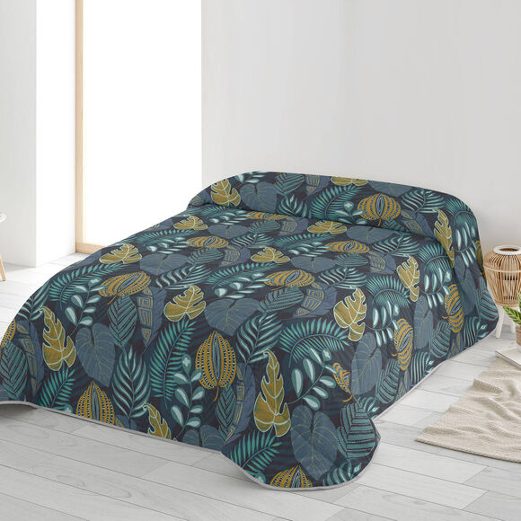 Couette microfibre imprim&eacute;e Feuilles 200 g/m&sup2; (bleu canard / miel)