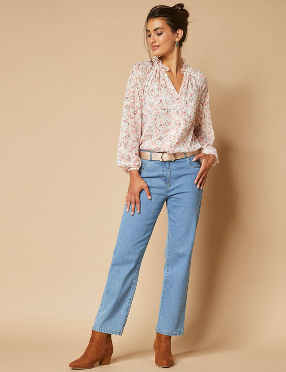Chemise voile imprimé fleuri, surimpression dorée (écru / rose)
