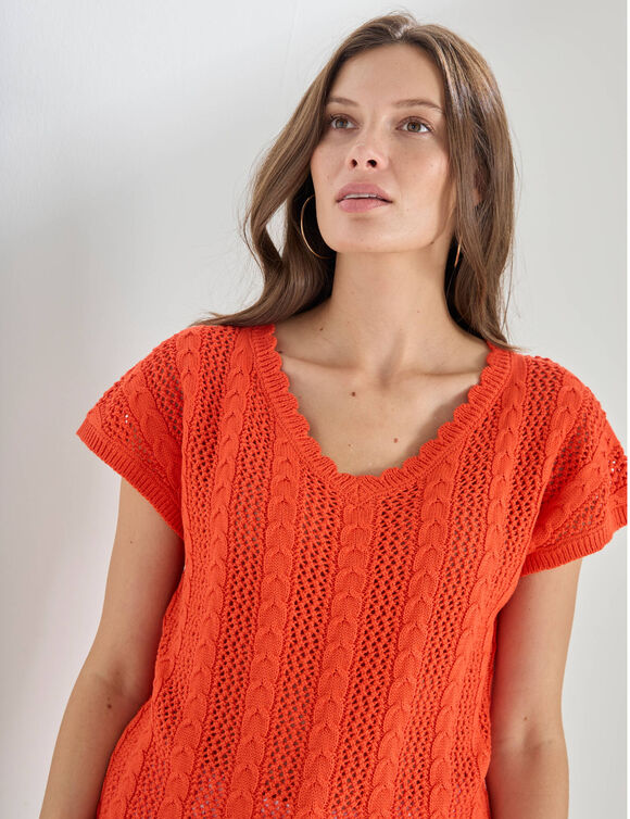 Pull col V manches courtes, maille ajour&eacute;e (orange)