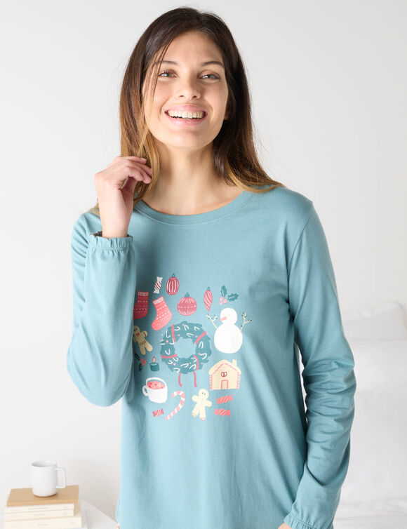 Pyjama "couronne de Noël" + masque assorti (bleu grisé / rose)
