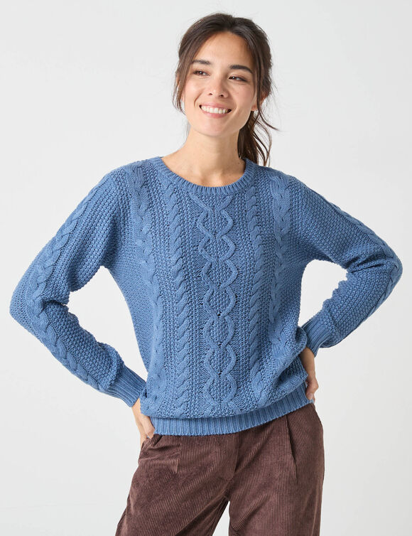 Trui in kabeltricot, ronde hals (jeansblauw)