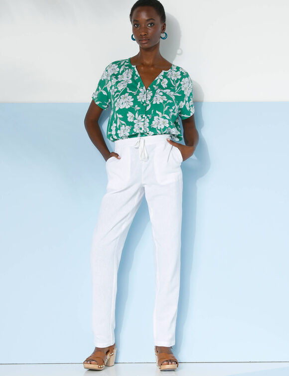 Pantalon fuselé fluide, lin-coton (blanc)