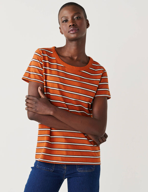 T-shirt ray&eacute; en fils teints col rond, manches courtes (caramel / &eacute;cru)
