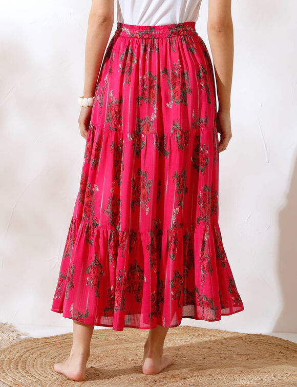 Jupe longue volantée imprimé fleuri (rose)