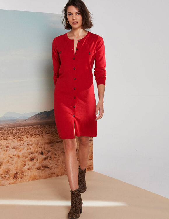 Robe pull boutonn&eacute;e, manches longues (rouge fonc&eacute;)