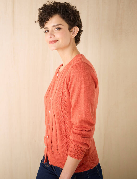 Gilet boutonné col rond, maille fantaisie (paprika)