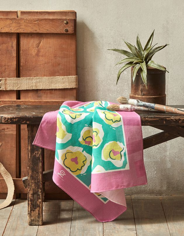 Foulard fabriqué en France imprimé fleurs, 48x48 cm, coton biologique, collection "Odette Lepeltier" (vert / rose)