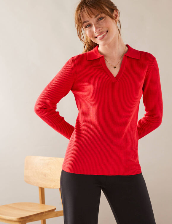 Pull col polo, maille côtelée (rouge)