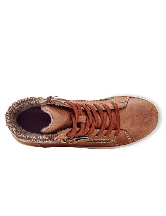 Baskets fourr&eacute;es forme montante, col maille tricot (marron)