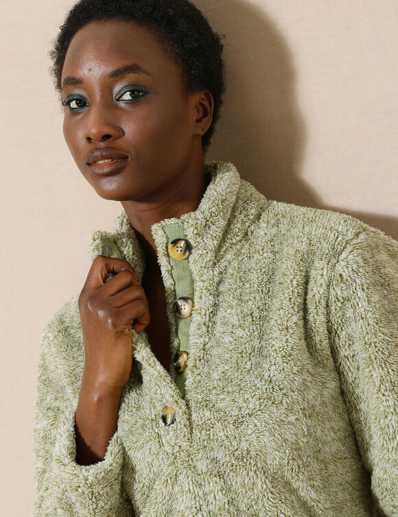 Sweat maille peluche, col boutonné (vert chiné)