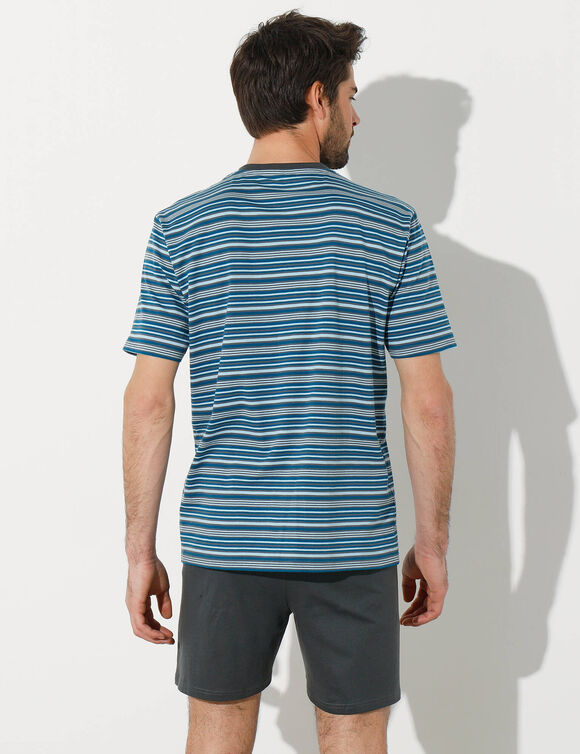 Pyjama-short rayé col tunisien (anthracite / bleu canard)