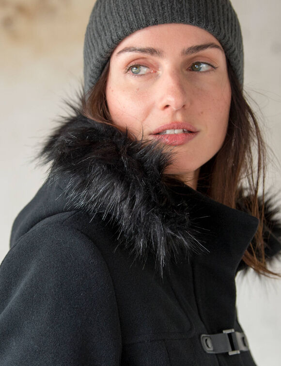 Duffle-coat capuche fausse fourrure uni (noir)