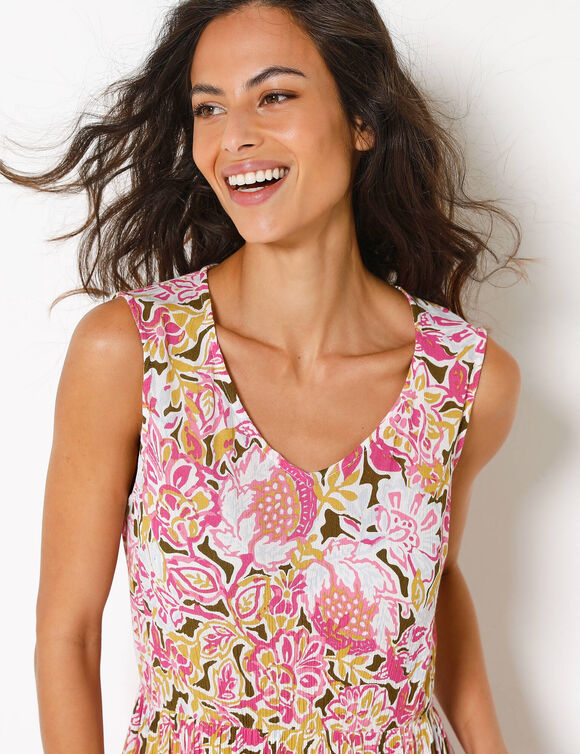 Robe longue &agrave; volants, cr&eacute;pon imprim&eacute; (kaki / rose)