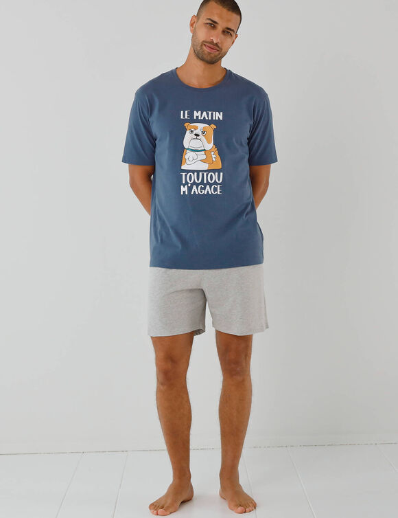 Shortama met letter- en puppymotief, korte mouwen (marine / chin&eacute; grijs)