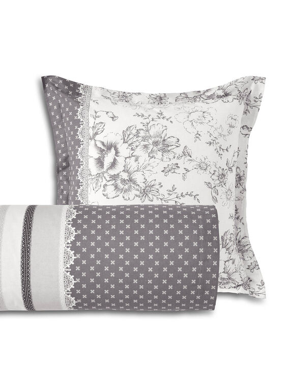Linge de lit Gabrielle en coton imprimé pois, fleurs et dentelle (gris)