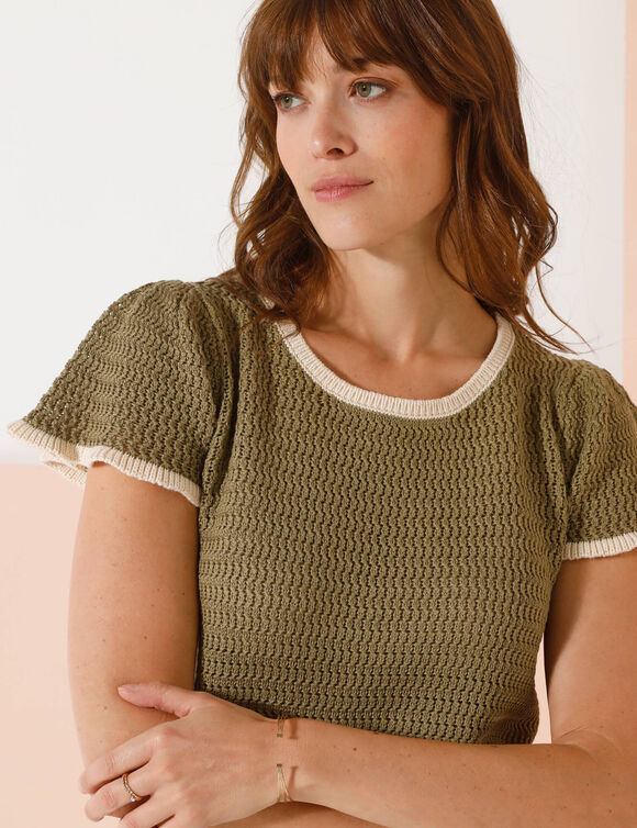Pull manches courtes, maille fantaisie (kaki / écru)