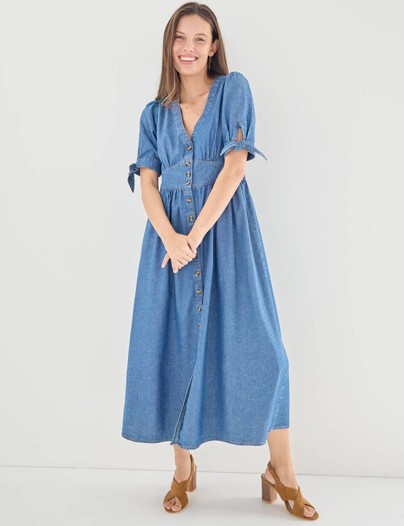 Robe longue en denim, &eacute;vas&eacute;e (stone)