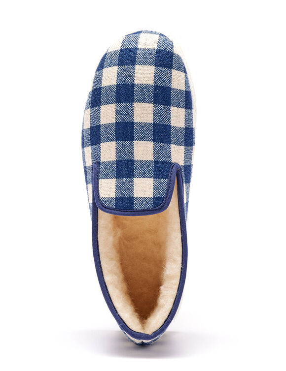 Stille, geruite pantoffels met wolvoering (marineblauw)