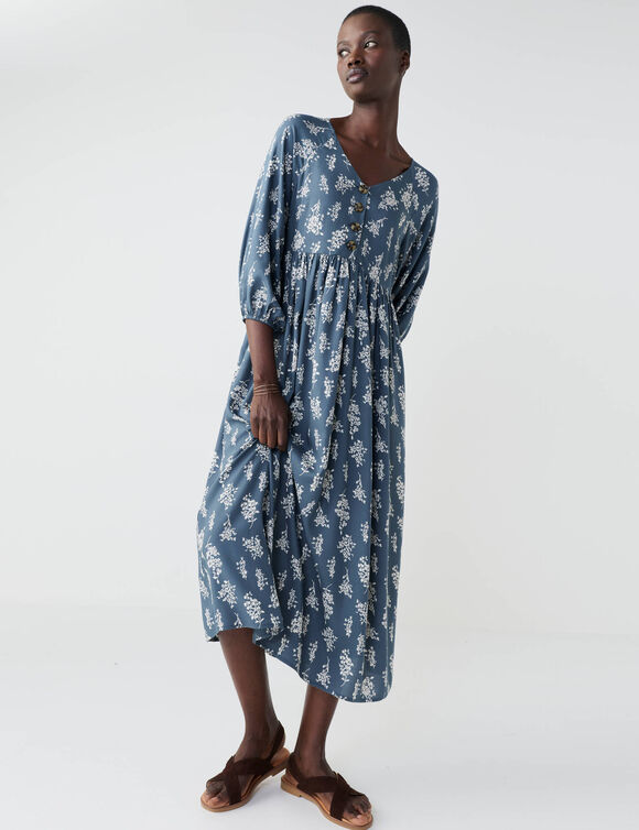 Robe longue boutonn&eacute;e, imprim&eacute;e (bleu gris&eacute;)