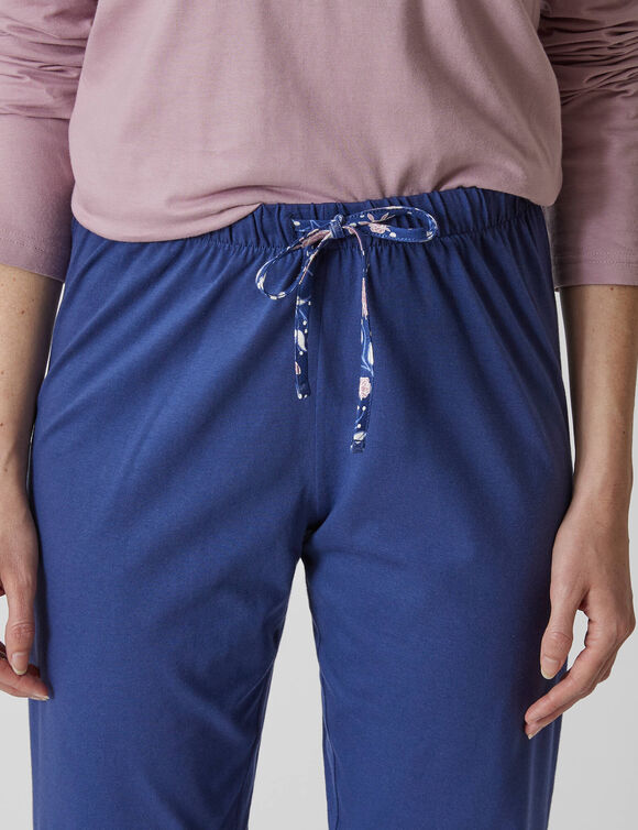 Effen pyjamabroek in katoen met lintje met bloemenprint (marine)