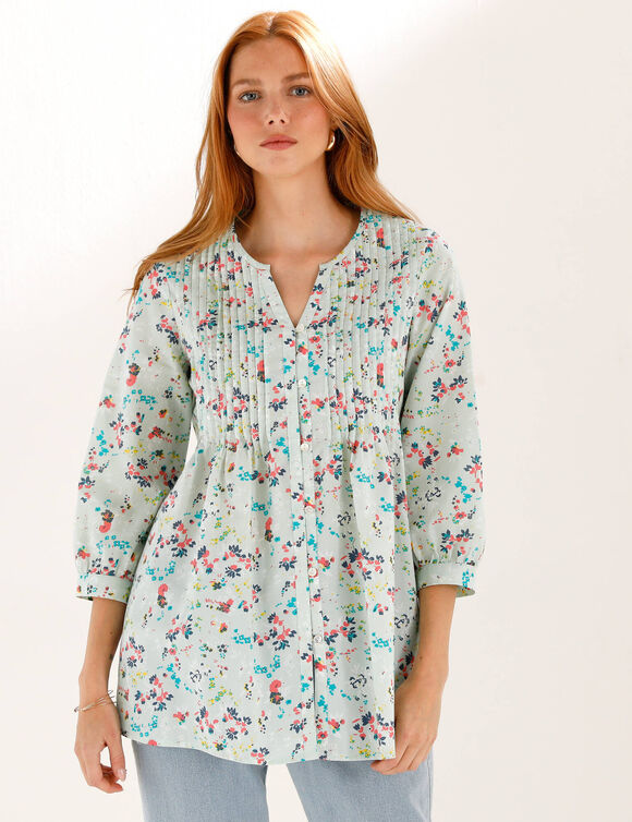 Tunique boutonn&eacute;e &agrave; plis imprim&eacute; fleuri (c&eacute;ladon)
