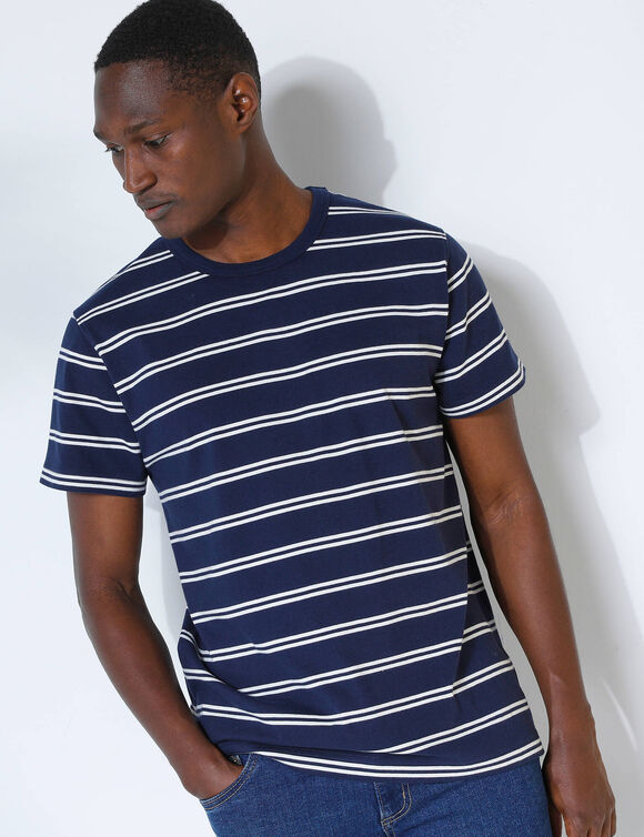 Gestreepte T-shirt met ronde hals en korte mouwen - biologisch katoen(**) (marine / gebroken wit)