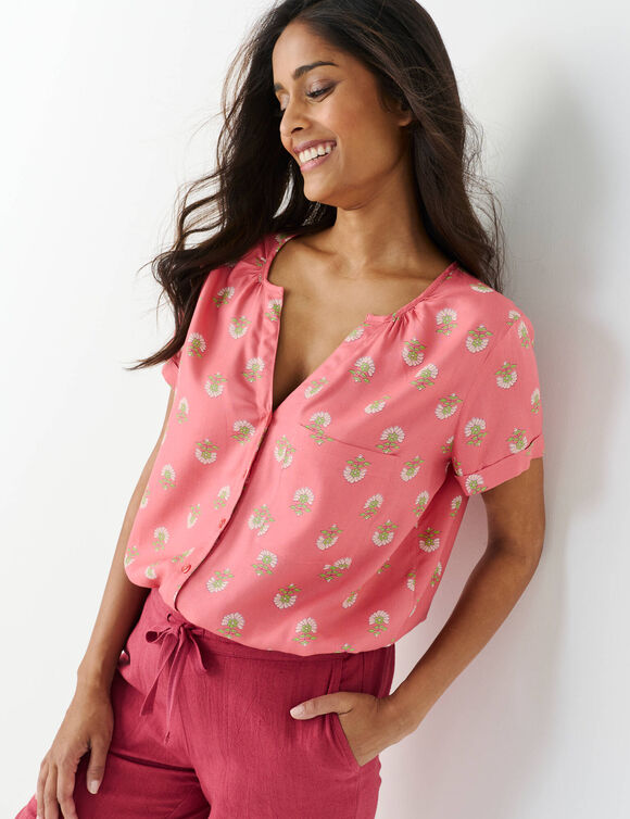 Bloes met tweekleurige print, korte mouwen (roze)