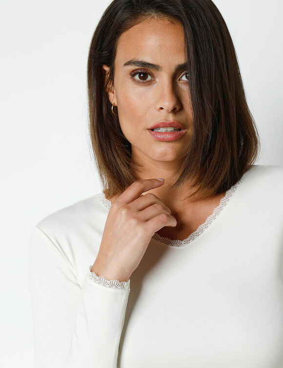 Tee-shirt manches longues chaleur seconde peau et détails dentelle (ivoire)