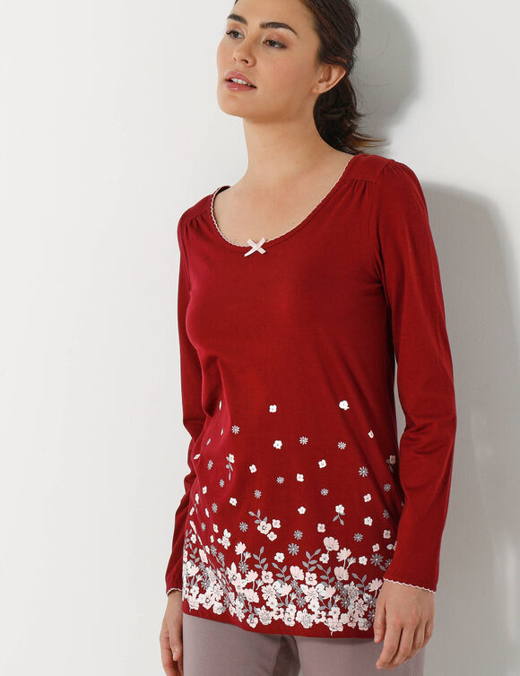 T-shirt met bloemenprint - lange mouwen (kersenrood)