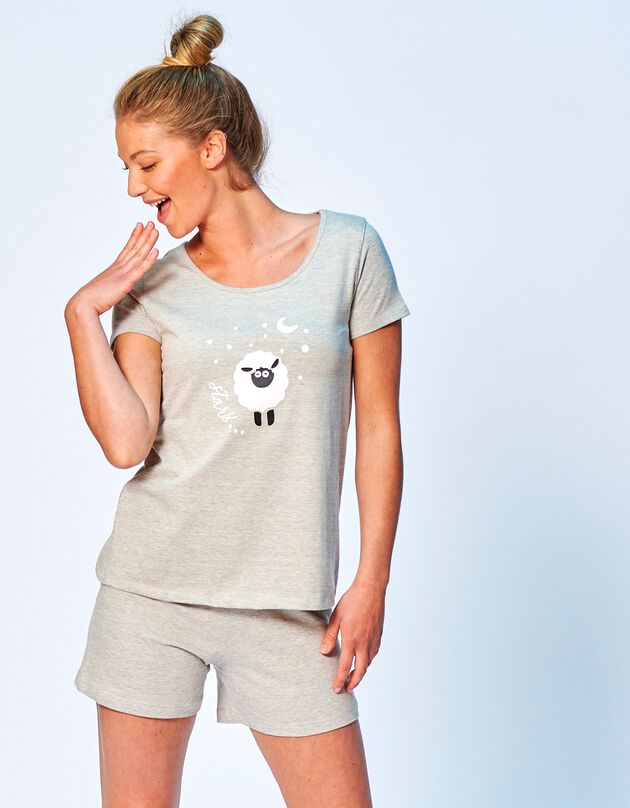 Pyjashort manches courtes motif « moutons », gris chiné, hi-res
