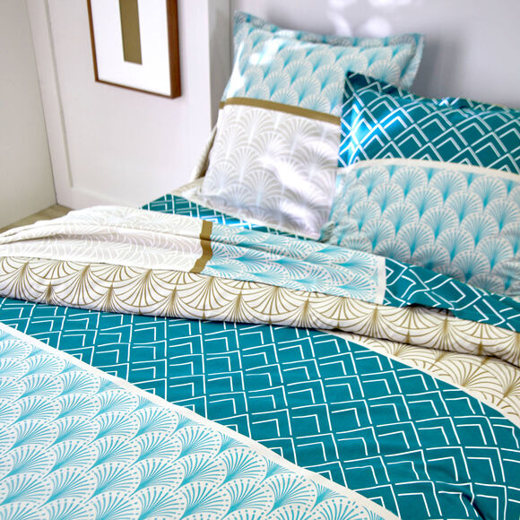 Linge de lit Eddy en coton à motifs graphiques (bleu paon)