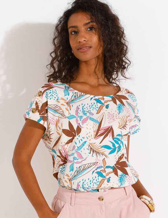 T-shirt col rond imprimé tropical (écru / turquoise)