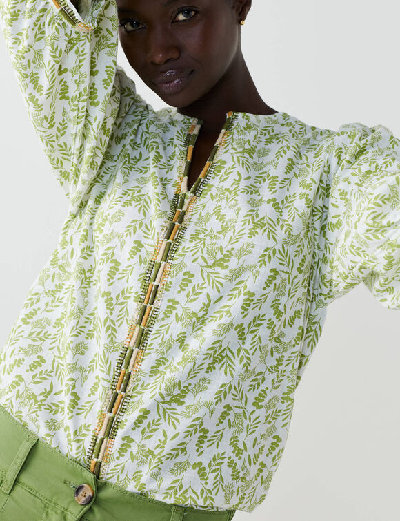 Blouse brod&eacute;e en coton imprim&eacute;e, manches 3/4 (anis)