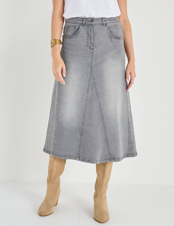 Jupe longue &eacute;vas&eacute;e en jean (gris)