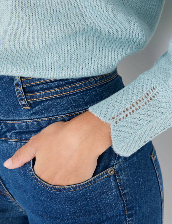 Pull col rond maille ajourée, toucher doux (vert d'eau)