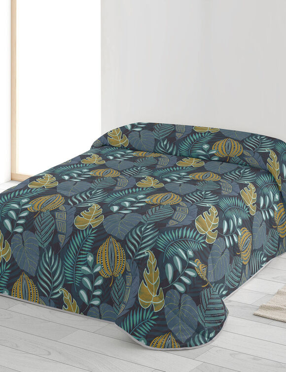 Couette microfibre imprim&eacute;e Feuilles 200 g/m&sup2; (bleu canard / miel)