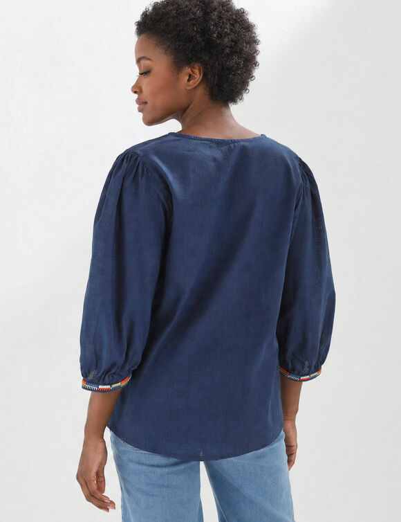 Blouse brod&eacute;e en coton unie, manches 3/4 (marine)