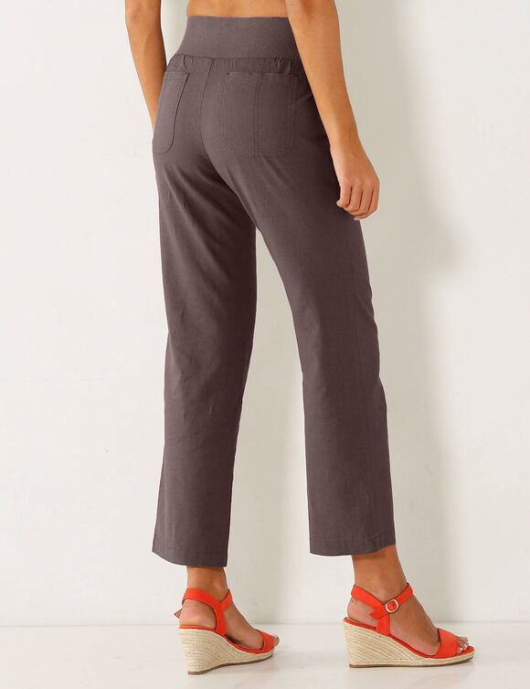 Pantalon coupe droite 7/8ème taille élastiquée, lin coton (marron glacé)