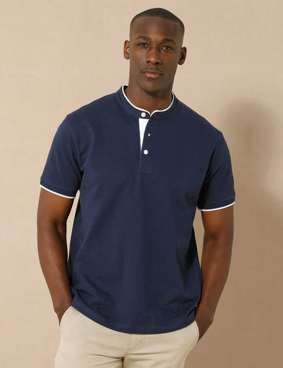 Polo uni col mao maille piqu&eacute;e manches courtes (marine)